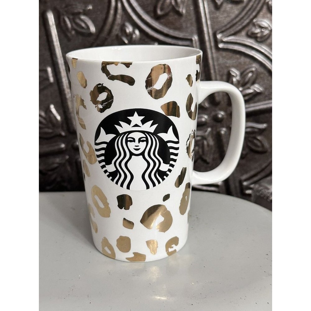 Starbucks Coffee Cup‎ Mug Gold Colored Leopard Print 16 Oz. 2015